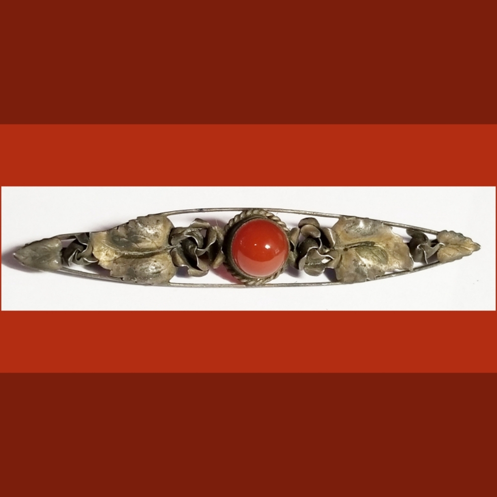 Antique bar pin arts and crafts style orange cabochon leaves